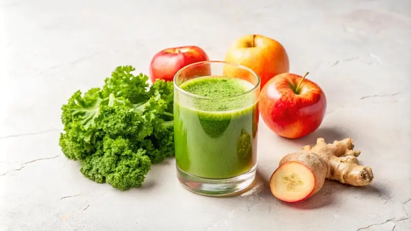 Fresh green juice with kale, apple and ginger