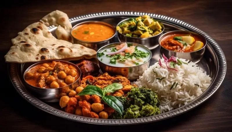 Sattvic vegetarian thali with dal, sabzi, chana, rice, roti and raita